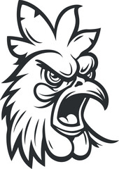 Black and white illustration of an angry rooster head with detailed feathers and an open beak