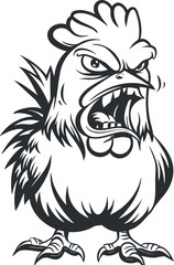 Black and white cartoon illustration of an angry rooster growling with aggressive expression and raised feathers.