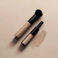 Cosmetic branding, mua and girly concept - Eyeshadow palette and make-up brush on beige background,