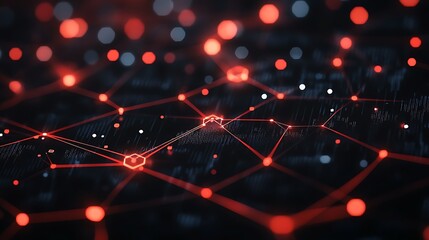 Abstract Digital Network with Red Nodes, Abstract digital network with glowing red nodes and lines on a dark background