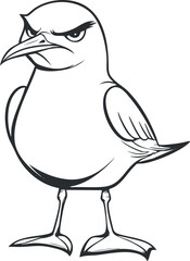 Black and white cartoon illustration of an angry bird with fierce expression standing on white background