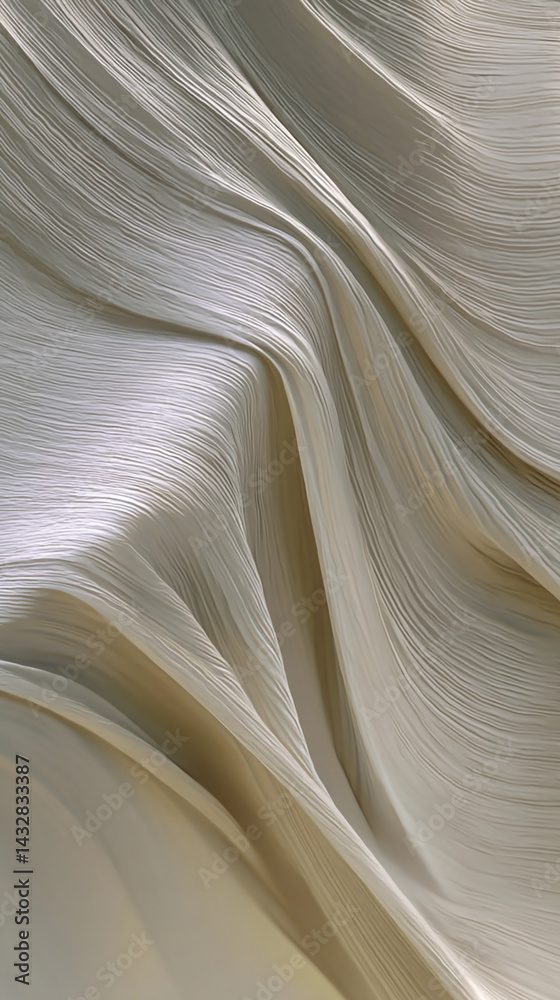 Poster beige fabric texture, softly draped, creating elegant folds and curves, showcasing fluidity and grac