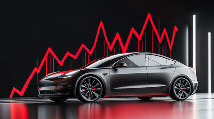 Car with red arrow graphics down on black background. Concept of growing car market, insurance, higher prices, repair costs, price chart, sales growth, investment, production growth, income growth