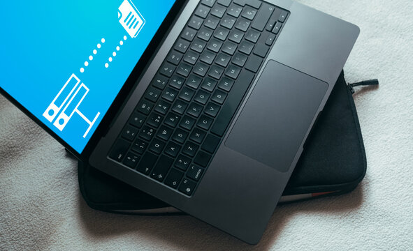 Data Transfer concept. FTP, File Transfer Protocol, files receiver and computer backup copy. Digital system for transferring documents and files online.