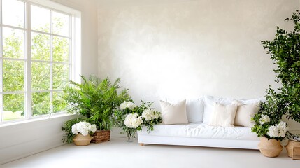 Bright White Room Interior with Comfortable Sofa and Lush Green Plants