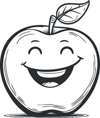Black and white cartoon illustration of a happy smiling apple with a leaf on top