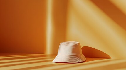 Soft Beige Bucket Hat in Minimalist Setting with Warm Shadows and Bright Background