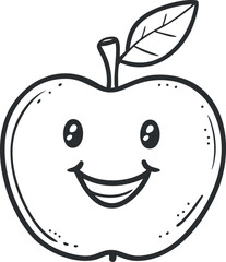 Black and white outline of a happy smiling apple with leaf and stem in cartoon style