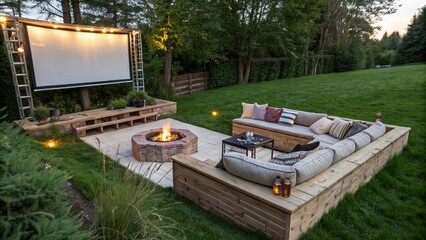 A charming outdoor cafe nestled in a lush summer garden under the vast park sky