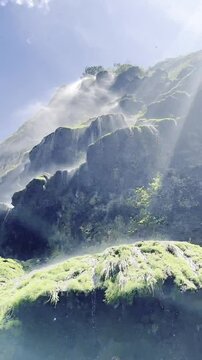 Sun Rays and Mist over Waterfall Cliffs in Sumidero Canyon, Chiapas, Mexico
