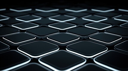 A 3D rendering of a grid of black and white squares with glowing white lines.