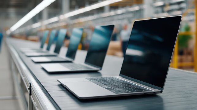 Many laptops on assembly line, in electronics factory, ready for shipping.