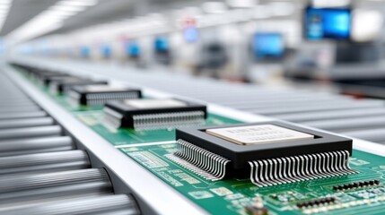 Close-up of microchips on a circuit board, moving along an assembly line in a factory.