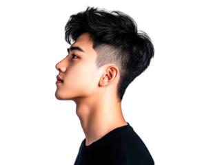 Young Asian man with stylish haircut poses in profile isolated on transparent background