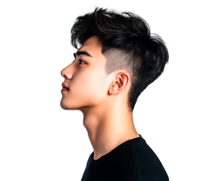 Young Asian man with stylish haircut poses in profile isolated on transparent background
