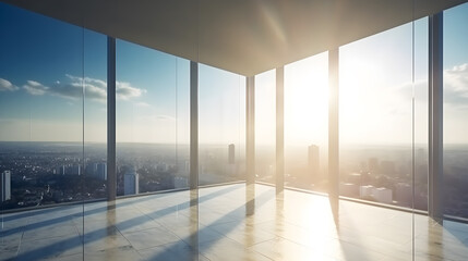 A spacious, modern office with a large window overlooking a city skyline.