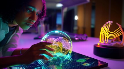 Human touch meets machine intelligence. Conceptual visual exploring the synergy between an AI-generated human designer and AI, resulting in tangible creative output. Tech-forward.