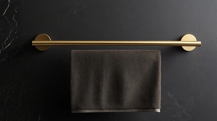 Gold towel bar with dark towel on black wall.