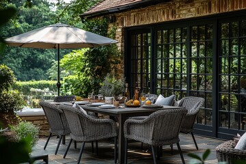 Kent four-seater garden table and chairs set in grey with an umbrella, placed on the patio, ideal for outdoor relaxation.