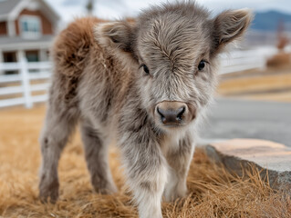 A close-up portrait of a fluffy, light gray and black miniature calf lying in dry grass, with a blurred background of a white fence and a building, showcasing the gentle nature of young livestock.
