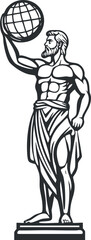 Black and white illustration of muscular atlas statue holding a globe representing strength and mythology