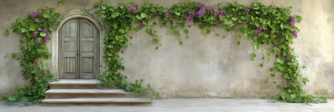 An ancient wooden door with stone steps set in a weathered stucco wall draped with green ivy and purple flowers.