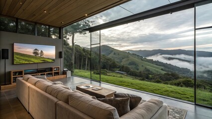 The modern train's interior architecture features steel and wood, offering a comfortable view through its large windows for railway travel and city transport