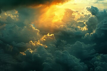 Fototapeta premium Sunlit patches of yellow break through a cloudy topaz sky, Sunlit patches of yellow breaking through a cloudy atmosphere