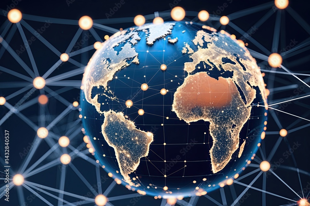 Poster digital mesh design showcasing a globe and interconnected nodes for global networking and communicat