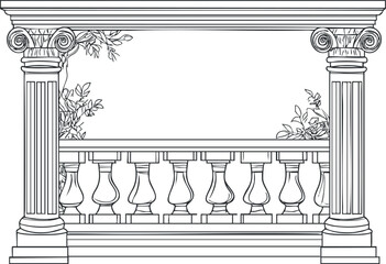 Black and white line illustration of classical architectural columns and balustrade with decorative foliage background.