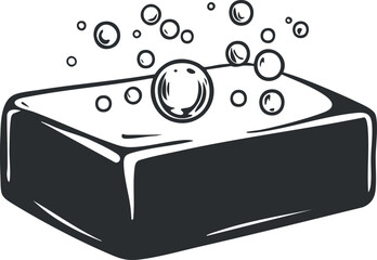 Black and white illustration of a soap bar with bubbles floating above, symbolizing cleanliness and hygiene