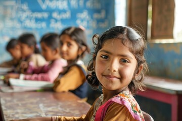 A young girl smiles with confidence while sitting in a classroom with other students, Reflect on the role of education in promoting equality and social justice