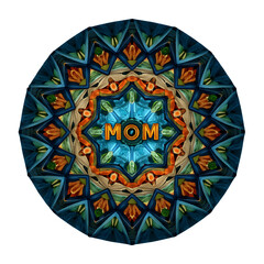 Isolated kaleidoscope reflecting word "Mom" in patterns
