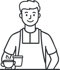 Line art illustration of a smiling male barista wearing an apron serving a hot cup of coffee