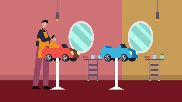 Whimsical children's hair salon, featuring car-shaped barber chairs, a stylist, mirrors, and tools ideal for children's services, playful design, and salon-related themes. cartoon animation