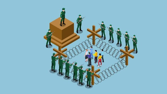Military Checkpoint with Soldiers and Detained Civilians 3d animation cartoon