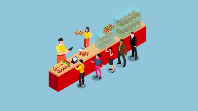 Fast Food Restaurant Queue and Service Counter 3d animation cartoon