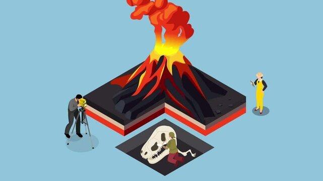 Volcanic Eruption with Scientists and Archaeologists 3d animation cartoon