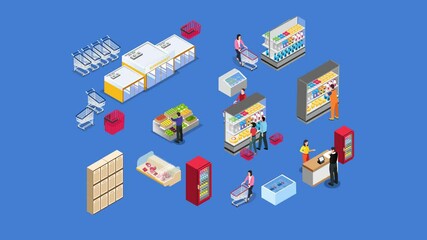 Isometric Supermarket Scene with Shoppers, Carts, and Shelves 3d animation cartoon