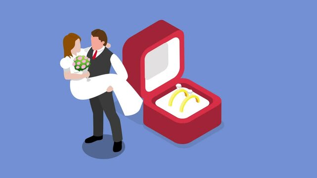 groom carrying his bride, who holds a bouquet of flowers 3d animation cartoon