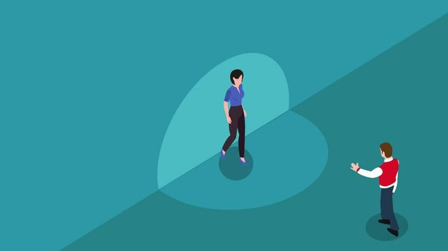 Man invading woman's personal space - isometric illustration of uncomfortable physical contact or harassment 3d animation cartoon
