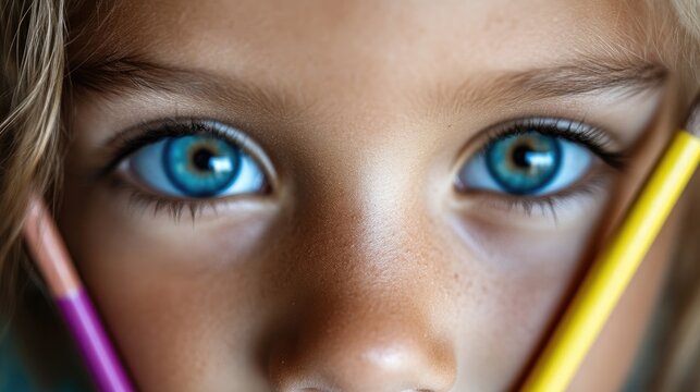 Close up of a child with striking blue eyes framing their face with colorful pencils.