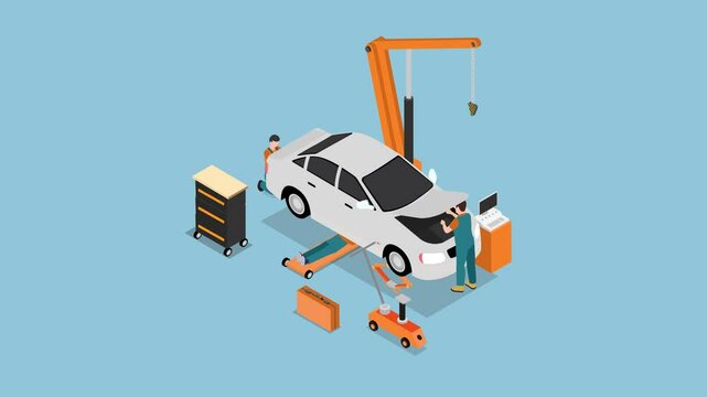 a car repair garage scene. A white car is lifted on a hydraulic lift, with mechanics working on the engine and using diagnostic equipment 3d animation cartoon