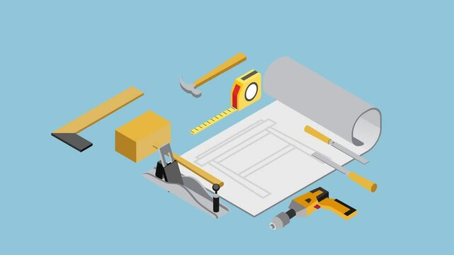 featuring various carpentry tools laid out on and around a rolled-up blueprint 3d animation cartoon