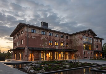 Naklejka premium Exterior view of a building with illuminated windows at dusk