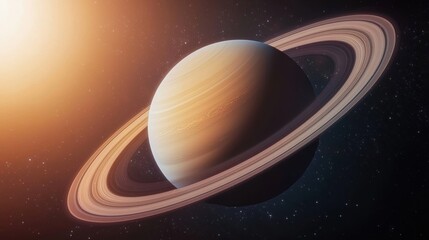 A planet with rings and a sun in the background.