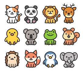 Vector illustration of several animals in simple and cute style such as cat, panda bear, lion, etc.
