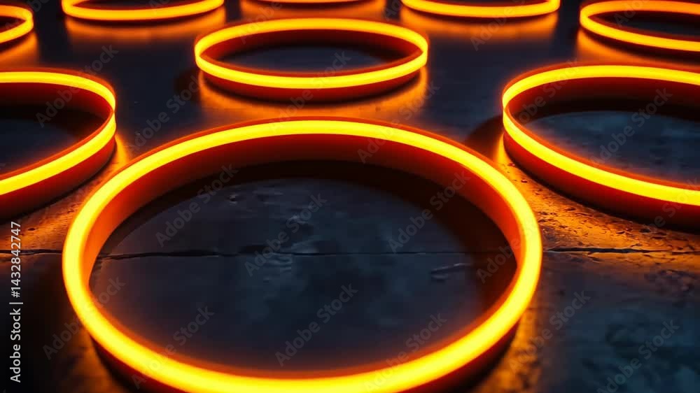Poster illuminated rings create a mesmerizing display in a dark industrial space during an artistic showcas