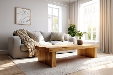 Fototapeta premium Modern light-filled living room featuring a light-colored sofa and wooden coffee table.