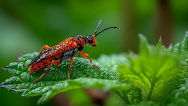 Vibrant orange sawfly crawling on a bright green nettle leaf in a natural habitat, with antennae extended and clear details